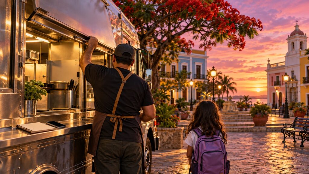 Trabajador por cuenta propia cierra su food truck en una plaza de Puerto Rico mientras su hija lo espera