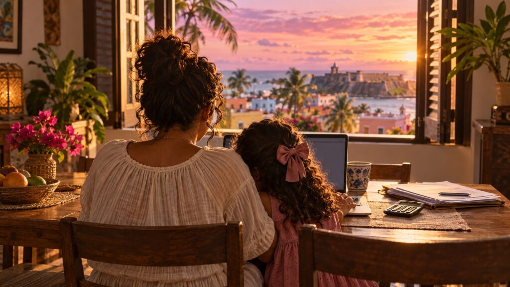 Madre e hija revisan sus papeles de la planilla en la mesa de su casa en Puerto Rico al atardecer